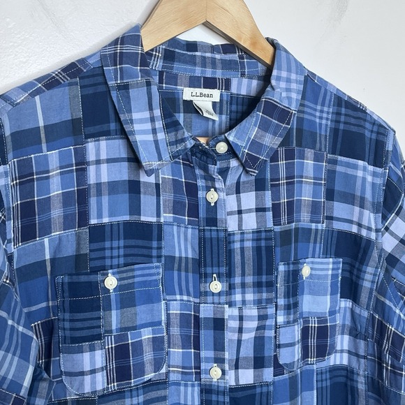 LL Bean Madras Plaid Patchwork Shirt Blue Womens L Fisherman Nautical Preppy - Picture 2 of 8